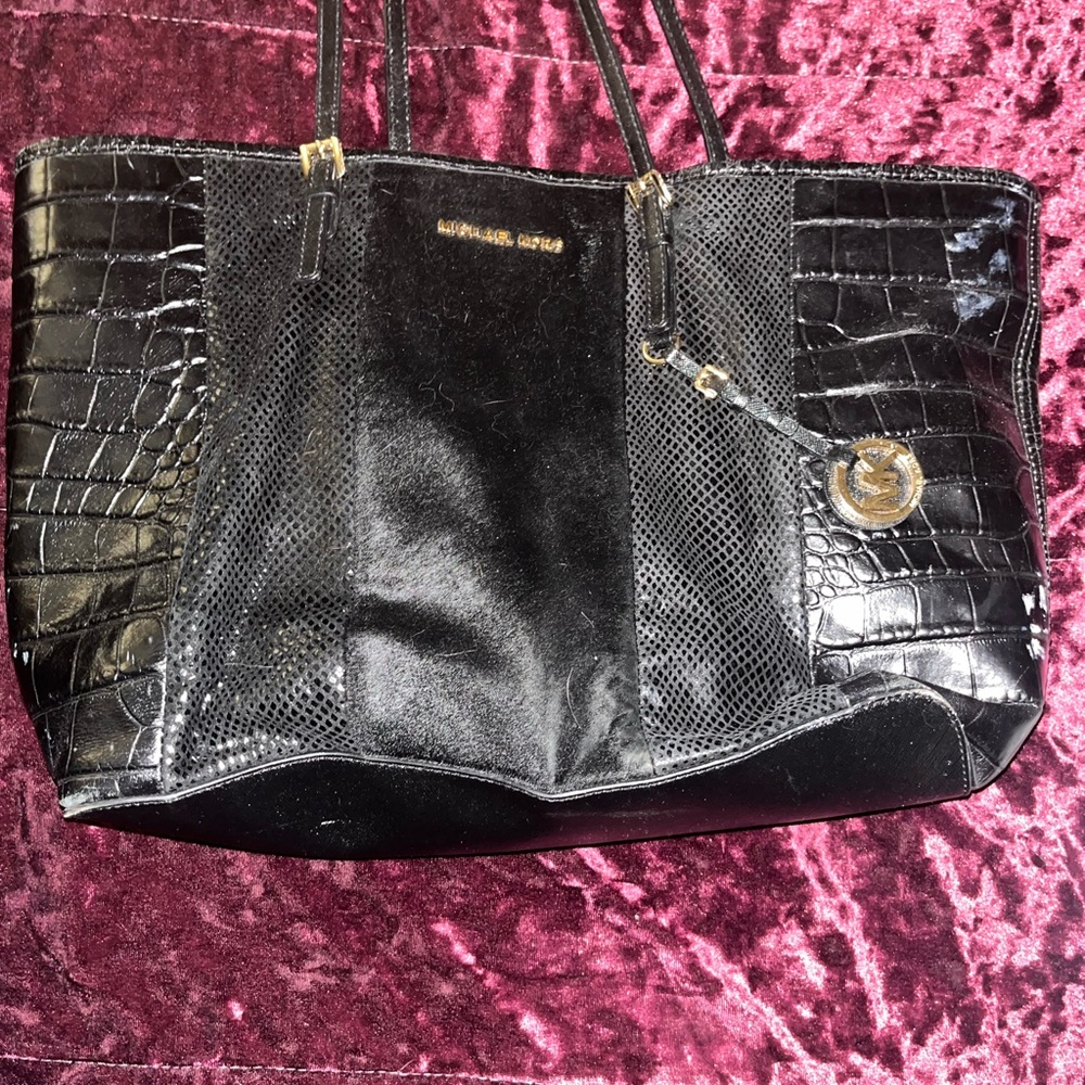 Michael Kors Black Mixed-Texture Tote with Gold Charm